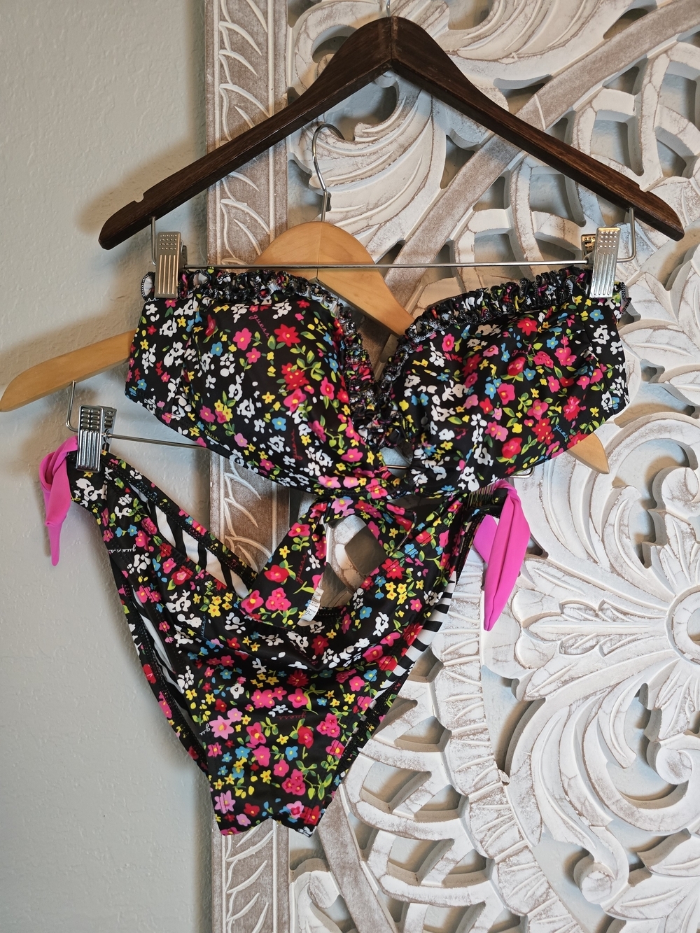 Guess Black Floral Bandeau Bikini with Hot Pink Ties